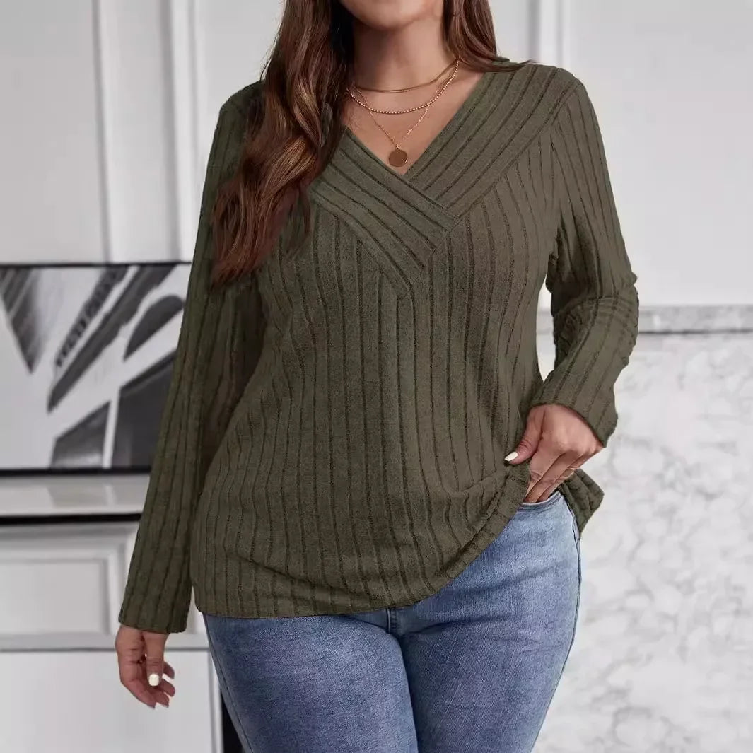 Women's Plus Size V-Neck Sweater – Solid Color Long Sleeve Pullover Top