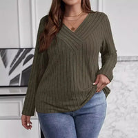 Women's Plus Size V-Neck Sweater – Solid Color Long Sleeve Pullover Top
