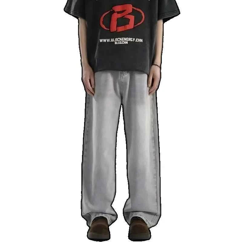 Men's Black Wide Leg Retro Jeans – Washed Loose Straight Cleanfit Denim Pants