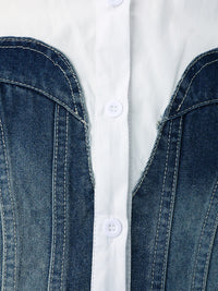 Women's Striped Denim Spliced Blouse – Elegant Lapel Long Sleeve Shirt 2026