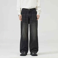 Men's Black Wide Leg Retro Jeans – Washed Loose Straight Cleanfit Denim Pants