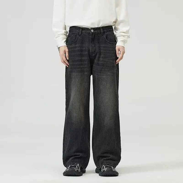 Men's Black Wide Leg Retro Jeans – Washed Loose Straight Cleanfit Denim Pants
