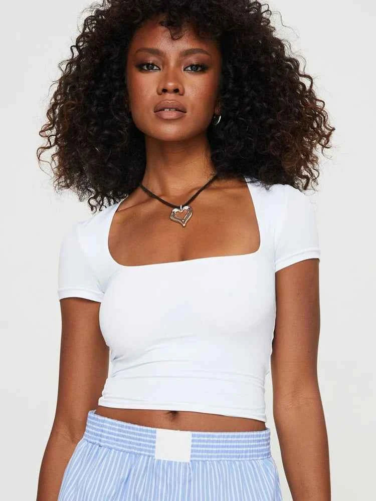Women's Y2K U-Neck Crop Top – Slim Short Sleeve Casual Tee