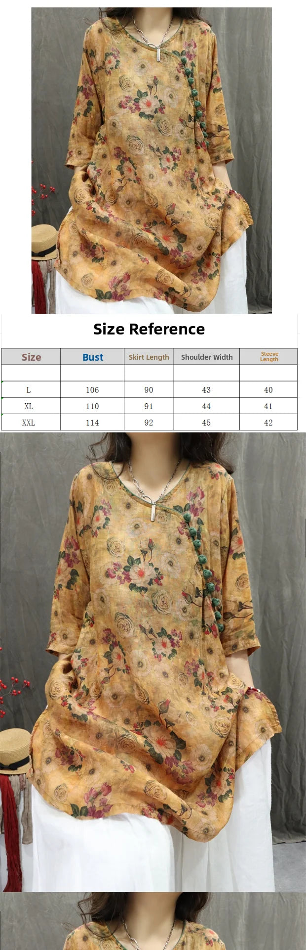 Women's Artistic Retro Print Dress Shirt – Casual Loose Mid-Length V-Neck Top