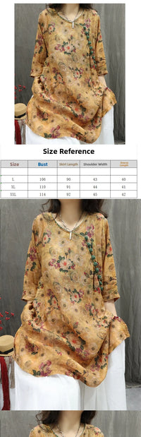 Women's Artistic Retro Print Dress Shirt – Casual Loose Mid-Length V-Neck Top