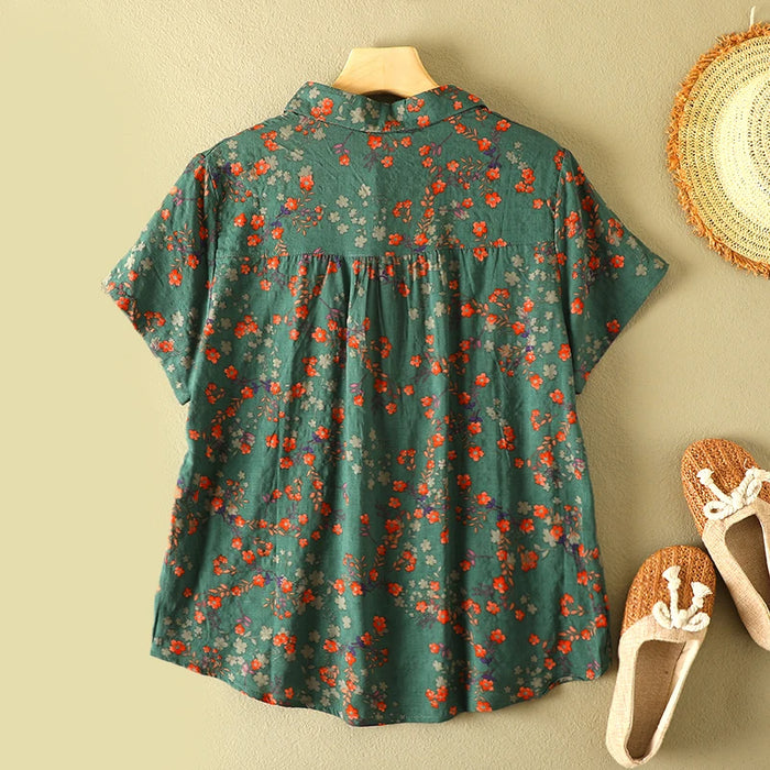 Women's Vintage Floral Print Blouse – Loose Short Sleeve Casual Summer Top