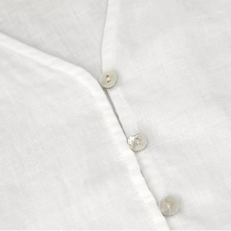 Women's Linen V-Neck Shirt – Premium White Retro Three-Quarter Sleeve Top