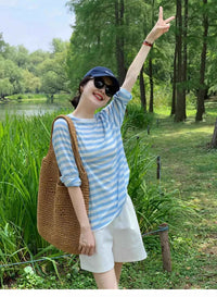 Women's Striped Loose Fit Summer T-Shirt – Trendy Korean Style Sun-Proof Summer Top
