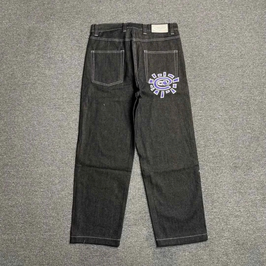 Men's Printed Embroidered Straight Jeans – Trendy Black Streetwear Denim Pants