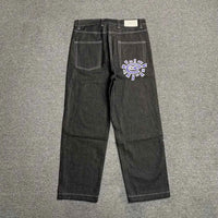 Men's Printed Embroidered Straight Jeans – Trendy Black Streetwear Denim Pants
