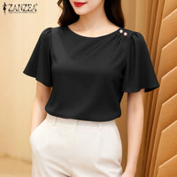 Women's Satin Office Blouse – Elegant Short Sleeve O-Neck Work Top 2025