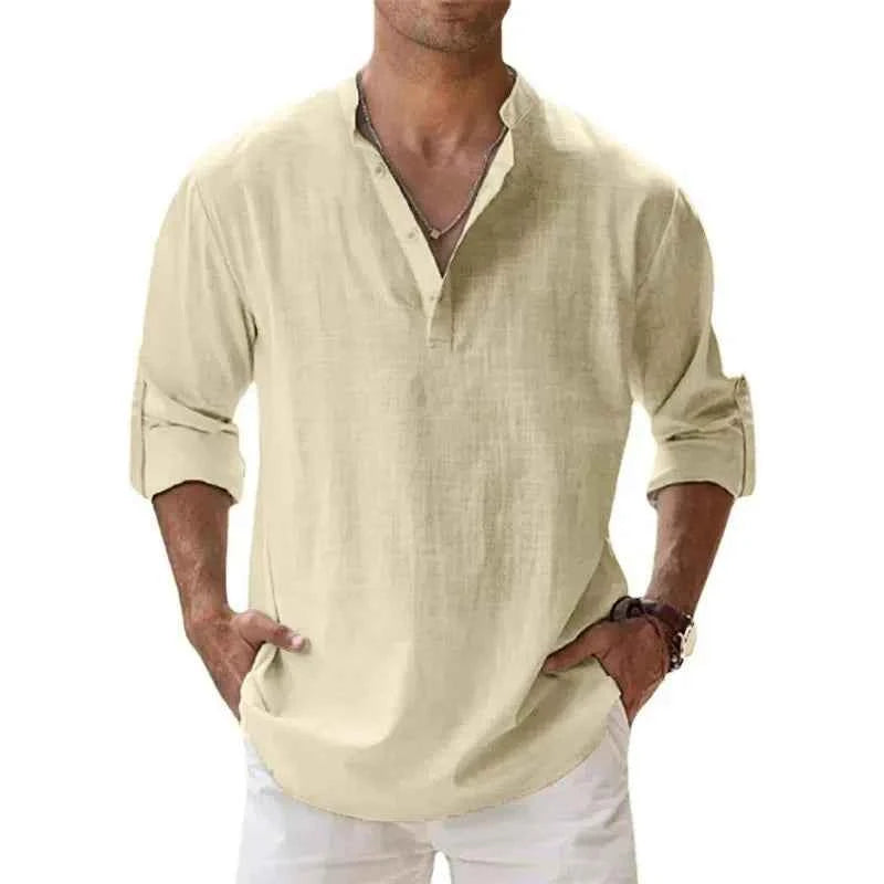 Men's Cotton Linen Henley Shirt – Lightweight Long Sleeve Beach Hawaiian Streetwear Top