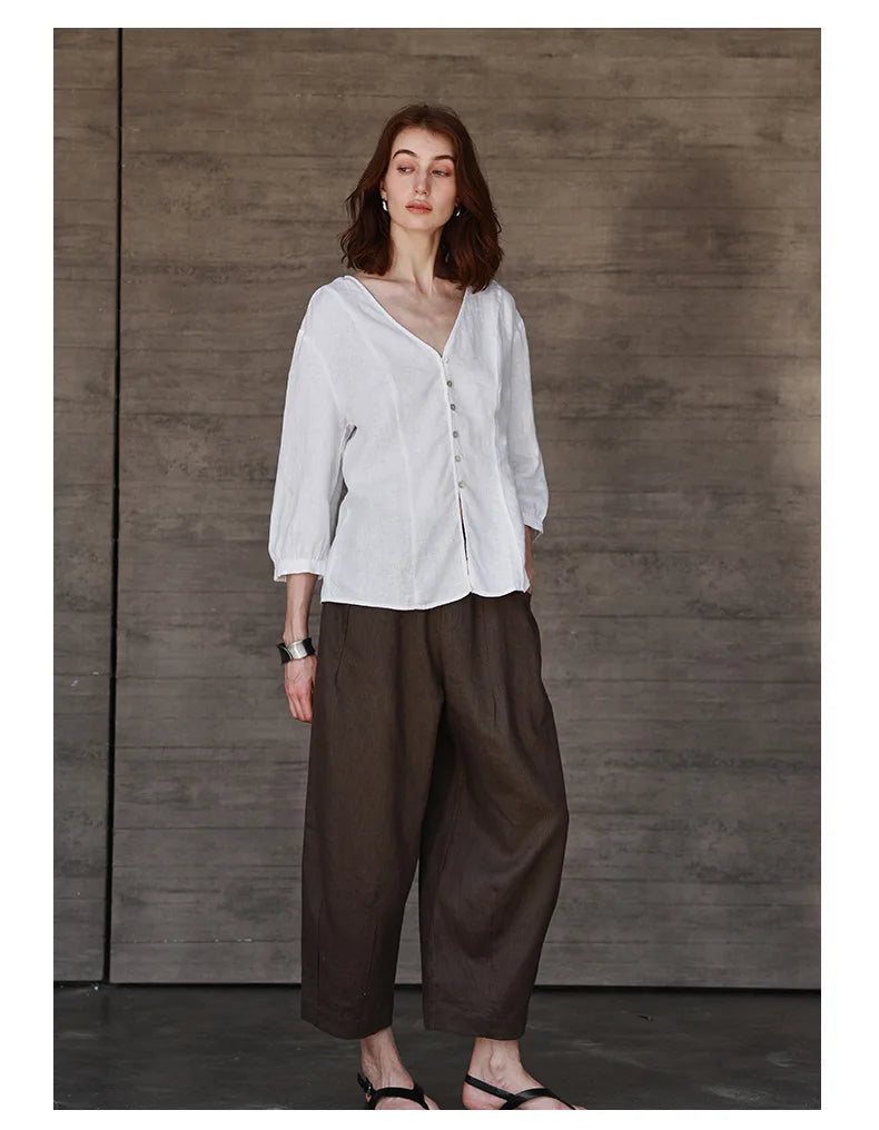 Women's Linen V-Neck Shirt – Premium White Retro Three-Quarter Sleeve Top