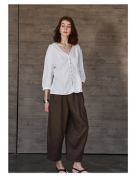 Women's Linen V-Neck Shirt – Premium White Retro Three-Quarter Sleeve Top