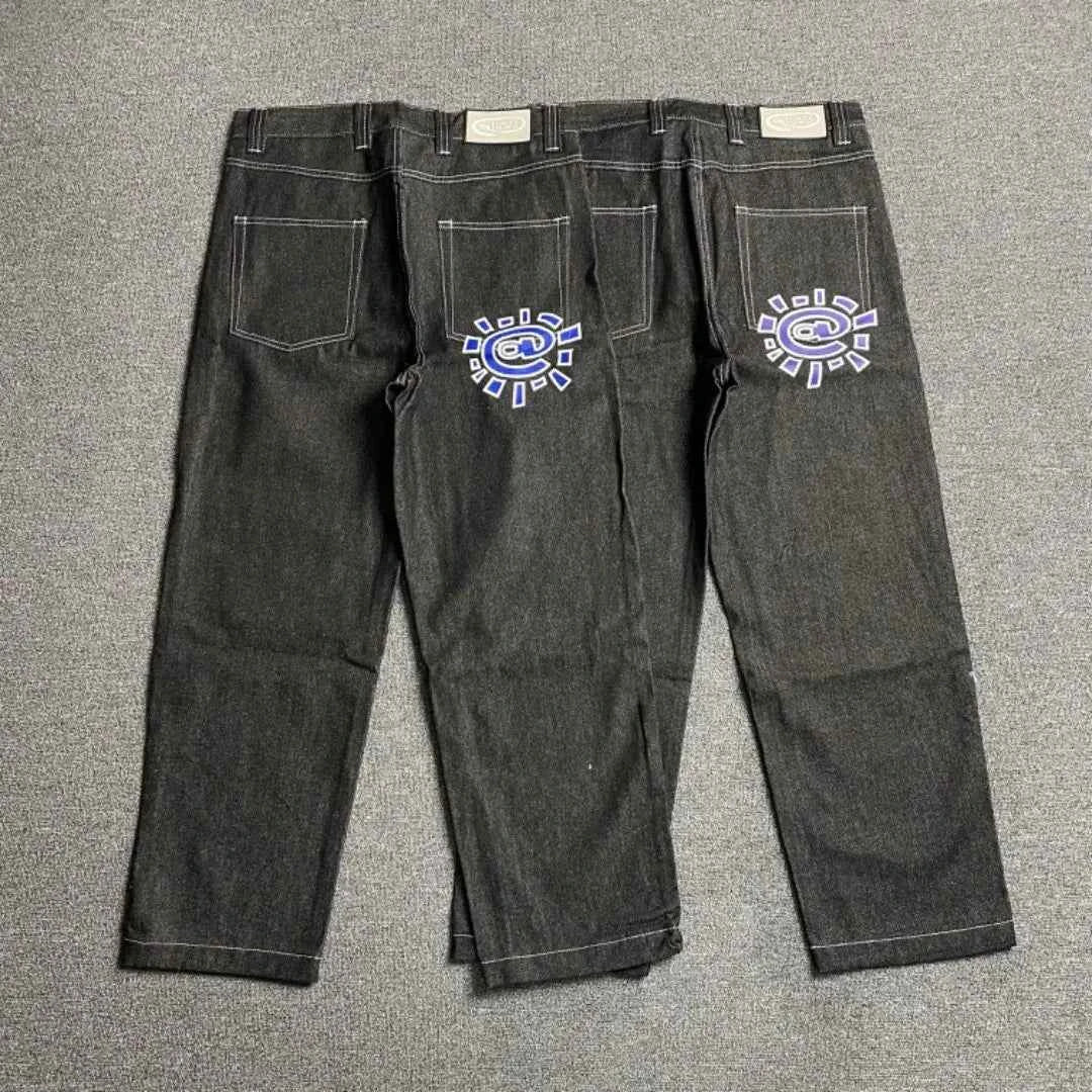 Men's Printed Embroidered Straight Jeans – Trendy Black Streetwear Denim Pants