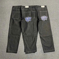 Men's Printed Embroidered Straight Jeans – Trendy Black Streetwear Denim Pants