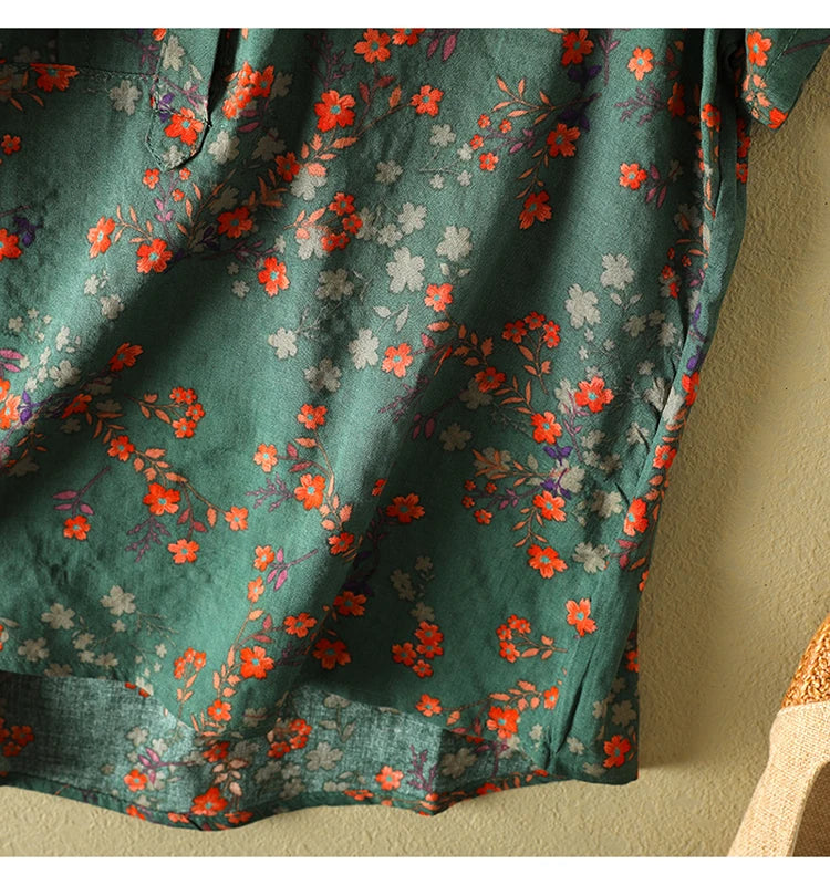 Women's Vintage Floral Print Blouse – Loose Short Sleeve Casual Summer Top