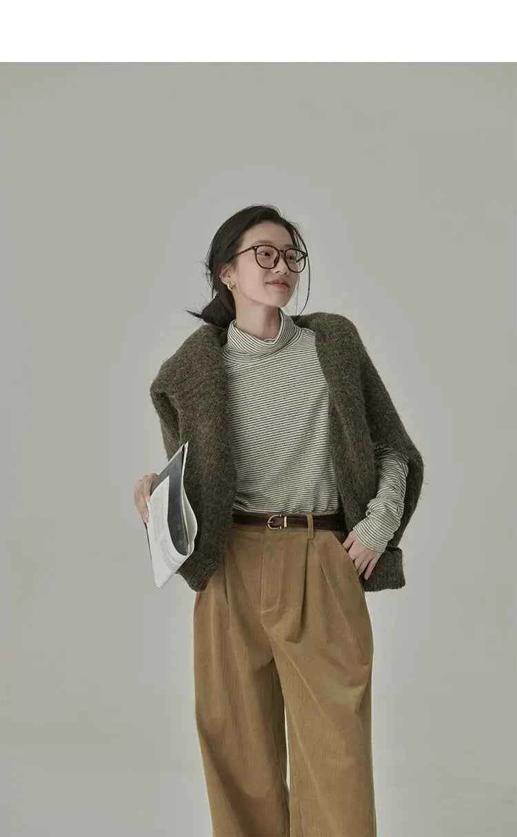 Women's Striped Long Sleeve Turtleneck T-Shirt – Cozy Elegant Korean Style Casual Spring T-Shirt