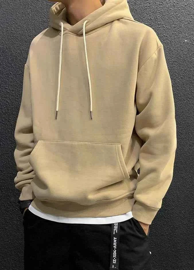 Men's Green Fleece Hooded Sweatshirt – Solid Color Casual Pullover Hoodie