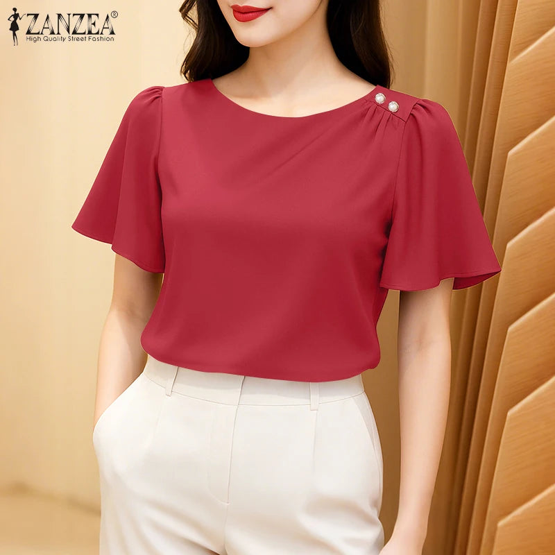 Women's Satin Office Blouse – Elegant Short Sleeve O-Neck Work Top 2025
