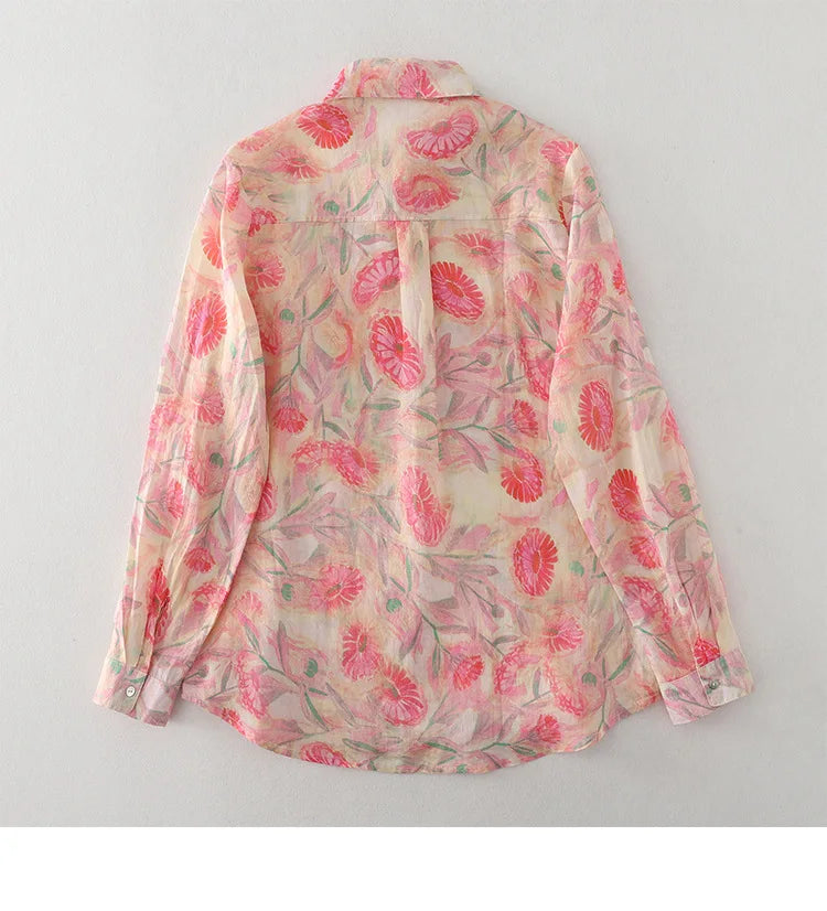 Women's Floral Cotton Linen Shirt – French Artistic Print Long Sleeve Blouse
