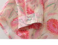 Women's Floral Cotton Linen Shirt – French Artistic Print Long Sleeve Blouse