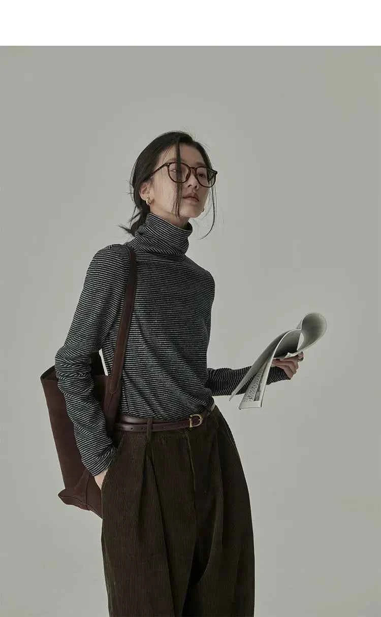 Women's Striped Long Sleeve Turtleneck T-Shirt – Cozy Elegant Korean Style Casual Spring T-Shirt