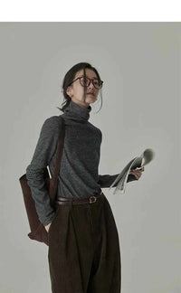 Women's Striped Long Sleeve Turtleneck T-Shirt – Cozy Elegant Korean Style Casual Spring T-Shirt
