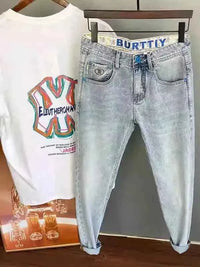 Men's Light Blue Embroidered Jeans – Slim Fit Vintage Washed Casual Pants