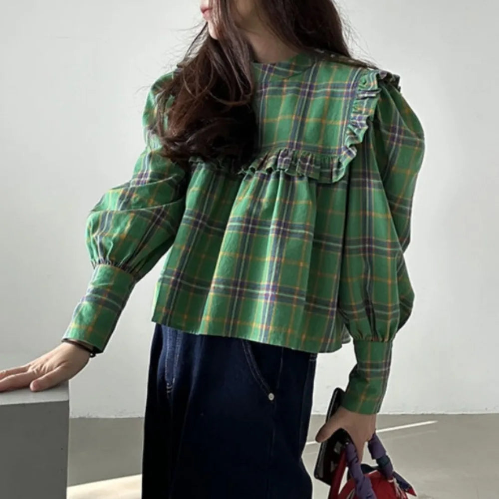 Women's Plaid Peter Pan Collar Blouse – Vintage Korean Chic Ruffle Shirt