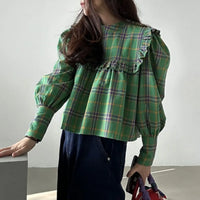 Women's Plaid Peter Pan Collar Blouse – Vintage Korean Chic Ruffle Shirt