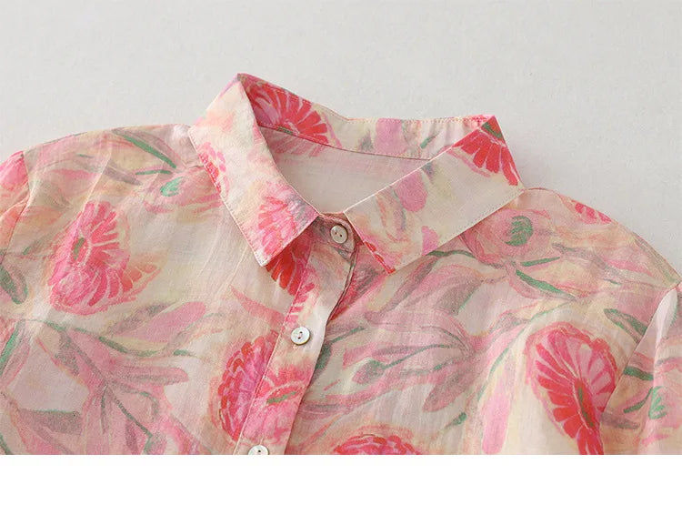 Women's Floral Cotton Linen Shirt – French Artistic Print Long Sleeve Blouse