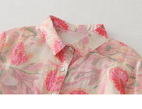 Women's Floral Cotton Linen Shirt – French Artistic Print Long Sleeve Blouse