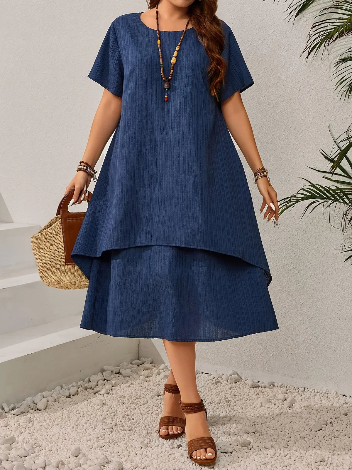 Women's Plus Size Navy Blue Dress – Elegant Loose Summer Dress for Curvy Women