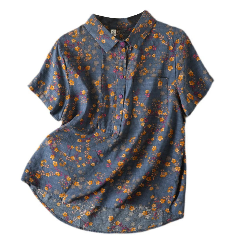Women's Vintage Floral Print Blouse – Loose Short Sleeve Casual Summer Top