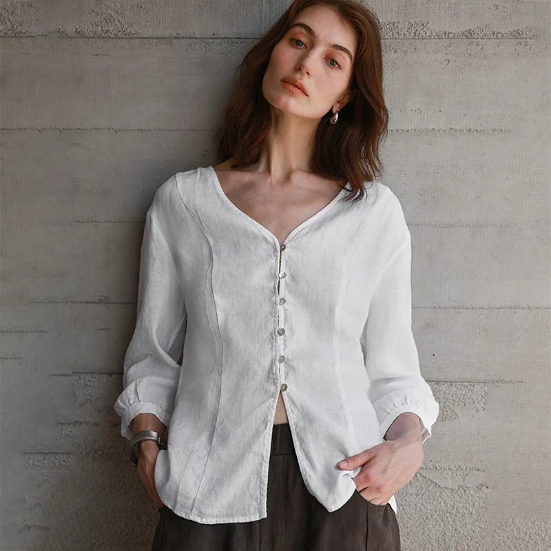 Women's Linen V-Neck Shirt – Premium White Retro Three-Quarter Sleeve Top