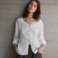Women's Linen V-Neck Shirt – Premium White Retro Three-Quarter Sleeve Top