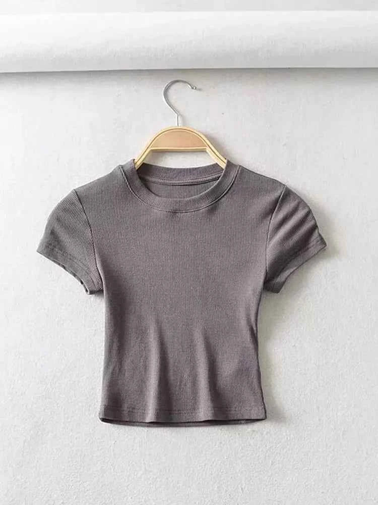 Summer Sexy Women O-neck Short-sleeve T-shirt Solid Color Basic Slim Elastic Skinny Crop Tops