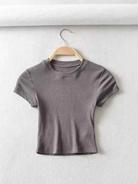 Summer Sexy Women O-neck Short-sleeve T-shirt Solid Color Basic Slim Elastic Skinny Crop Tops