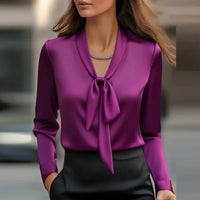 Women's Satin Long Sleeve Office Blouse – Elegant Solid Color Office Pullover