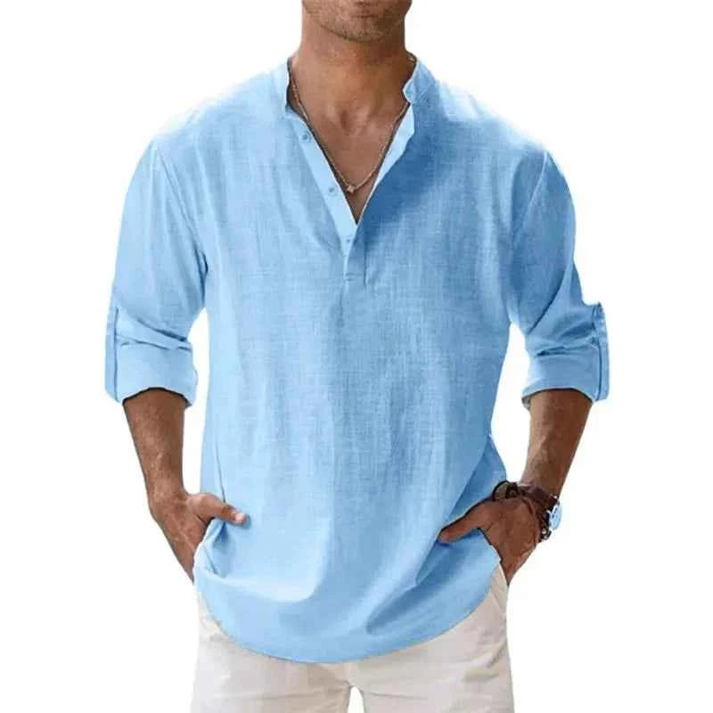 Men's Cotton Linen Henley Shirt – Lightweight Long Sleeve Beach Hawaiian Streetwear Top