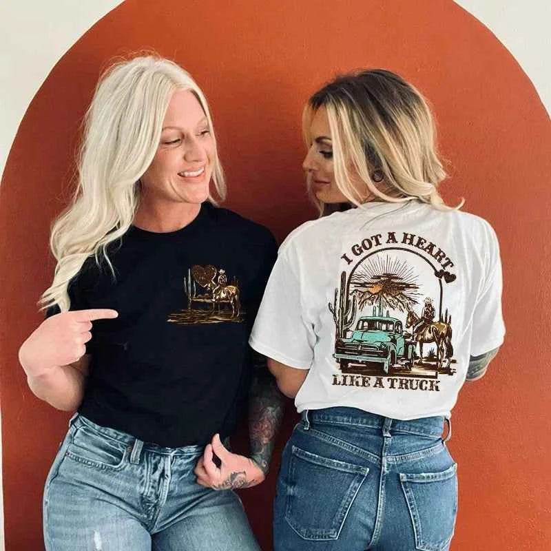 Women’s Heart Like a Truck Tee Western T-Shirt – Cowboy Rodeo Graphic Front & Back Tee