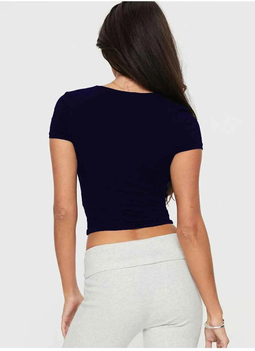 Women's Y2K U-Neck Crop Top – Slim Short Sleeve Casual Tee