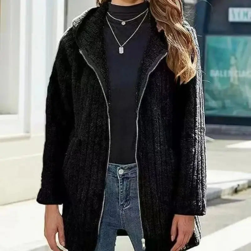 Women's Plus Size Teddy Zip Coat – Warm Hooded Winter Jacket with Pockets