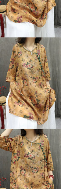 Women's Artistic Retro Print Dress Shirt – Casual Loose Mid-Length V-Neck Top
