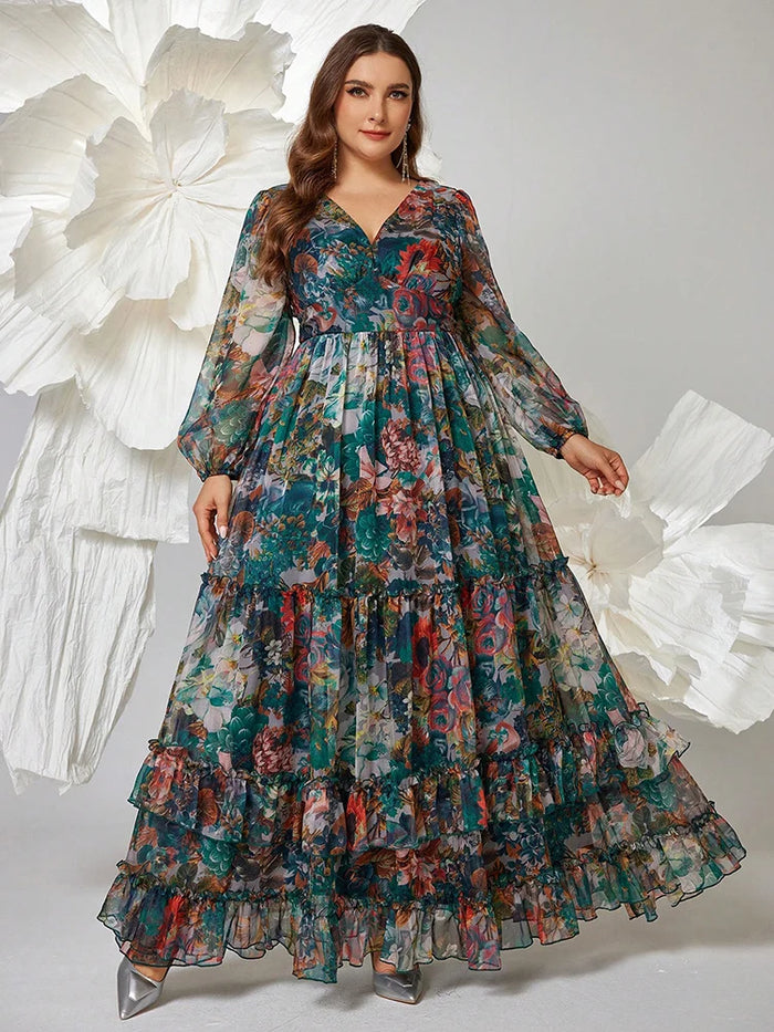 Woman wearing a floral dress with a white decorative background
