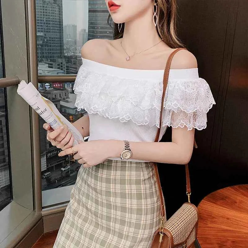 Women's Lace Ruffle Summer Blouse – Sweet Patchwork Knitted Tunic Top