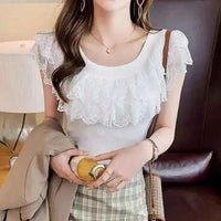 Women's Lace Ruffle Summer Blouse – Sweet Patchwork Knitted Tunic Top