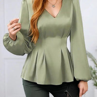 Women's Pleated Cinched Waist Shirt – Elegant Long Sleeve Slimming Top