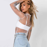 Women's Lace Mesh Sheer Crop Top – Rhinestone Turtleneck Long Sleeve Cover Up